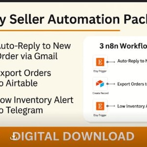 Può includere: Grafica per un pacchetto di automazione Etsy Seller. Dettaglia tre flussi di lavoro automatizzati: Risposta automatica a nuovi ordini tramite Gmail, Esporta ordini su Airtable e Avviso di inventario basso su Telegram. Il testo "DOWNLOAD DIGITALE" è in basso.