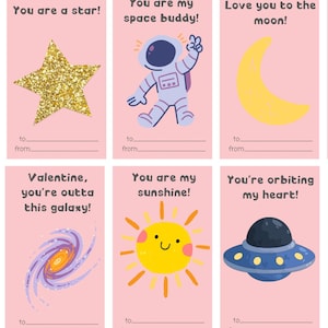 May include: Set of ten Valentine's Day cards with space-themed illustrations and phrases like "You are a star!" and "You are my sunshine!" Each card has a pink background and space-themed graphics.