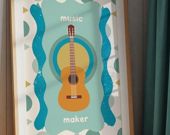 Kids Guitar Wall Poster | Retro Style | Music Maker | Bold, Simple and Cheerful | Printable Art