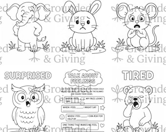 May include: Black and white illustration of six different emotions: proud, sad, scared, surprised, and tired. Each emotion is represented by a different animal. Text prompts encourage children to talk about their feelings.