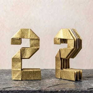 May include: Two gold-colored origami numbers shaped as the digit two, crafted from textured paper. The left number is viewed from the front, while the right number is angled to show the layered, folded paper construction and accordion-style side.