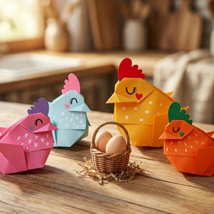 Puede incluir: Una mesa de madera muestra cuatro gallinas de origami de colores rosa, azul, amarillo y naranja. Cada gallina tiene una cresta y una barbilla de diferente color. Una pequeña cesta de mimbre con tres huevos marrones está cerca, con un lecho de paja.
