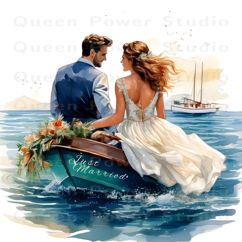 Just Married Boat Clipart Watercolor PNG, Nautical Wedding Invitation ...