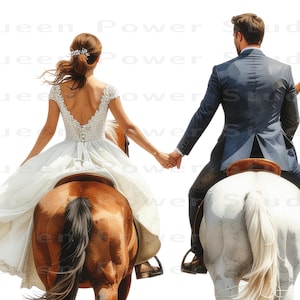 May include: A watercolour illustration of a couple on horseback, holding hands. The woman wears a white wedding dress, and the man is in a navy suit. The horses are brown and white. The image has the text "Queen Power Studio".