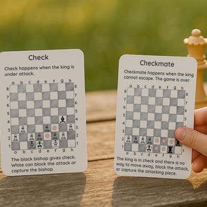 Tarjetas didácticas y hojas de actividades con situaciones de ajedrez para niños. Tarjetas de aprendizaje Montessori imprimibles para el desarrollo cerebral y el pensamiento crítico.