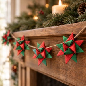 Op de afbeelding: Een decoratieve slinger met meerdere driedimensionale gevouwen papieren sterren in afwisselend rode en groene kleuren. De sterren zijn geregen aan een dun, natuurkleurig jutekoord, wat zorgt voor een feestelijke hangende decoratie.