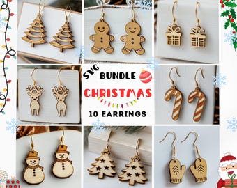 Weihnachtsohrringe SVG-Bundle, 10 Laserschnittdateien, Holzohrring-Vorlage, Glowforge, LightBurn, Cricut, DXF, PDF, AI, PNG, EPS, Digitaler Download
