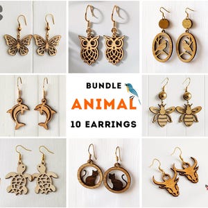 Zestaw 10 kolczyków Animal Bundle w formacie SVG, wycinany laserowo, szablon kolczyków z drewna akrylowego, wzory Glowforge, plik Lightburn DXF PDF, cyfrowe pobieranie sklejki