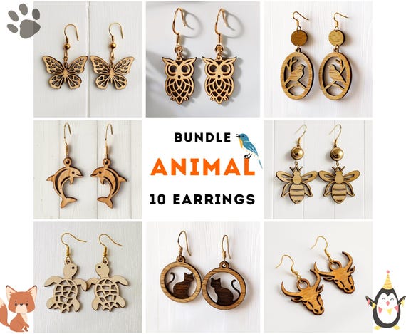 Animal Bundle 10 Earrings SVG Laser Cut File, Wood Acrylic Earring Template, Glowforge Designs, Lightburn DXF PDF, Plywood Digital Download