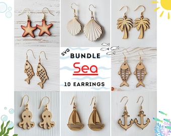 Sea Bundle 10 Earrings SVG Laser Cut File, Wood & Acrylic Earring Template, Glowforge Designs, Lightburn DXF PDF, Plywood Digital Download