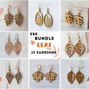 May include: A collection of 15 leaf-shaped earrings in various designs. The earrings are made of light brown wood and feature intricate cut-out details. The image includes different styles of earrings, including maple leaf and oval designs.