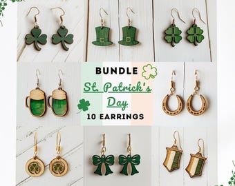 St. Patrick's Day bundel met 10 oorbellen in SVG-formaat (lasergesneden), houten oorbellensjabloon, Glowforge-ontwerpen, Lightburn DXF PDF, digitale download van multiplex.