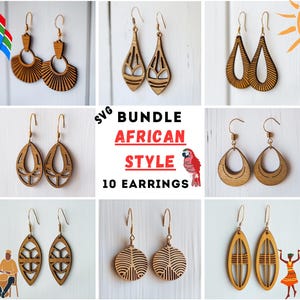 May include: A collection of ten wooden African-style earrings with various geometric and abstract designs. The earrings are displayed against a white background. The text "SVG BUNDLE AFRICAN STYLE 10 EARRINGS" is also visible.
