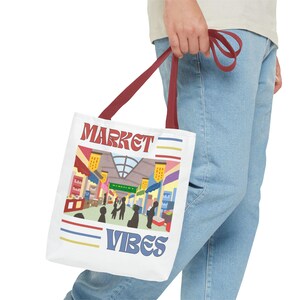 Retro Market Vibes Tote Bag , Colorful Street Market Design, Aesthetic Reusable Grocery Bag , Eco-Friendly Shopper Gift
