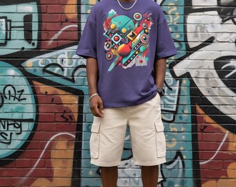 Camiseta geométrica abstracta: camiseta oversize con gráficos retro cyberpunk de los 80