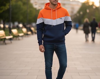 Color Block Chevron Hoodie: Streetwear Pullover with NK Logo