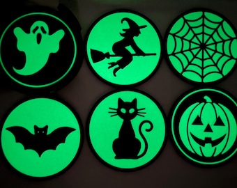 Halloween Glow-in-the-Dark Coasters - Set of 6, Witch, Cat, Bat, Pumpkin, Ghost & Web - Black/Glow in the Dark - Spooky Decor