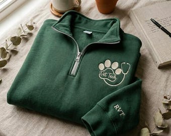 Personalized Vet Tech Quarter Zip Sweatshirt, Veterinary Technician Sweatshirt, RVT Sweatshirt, Vet Tech Graduation Gift