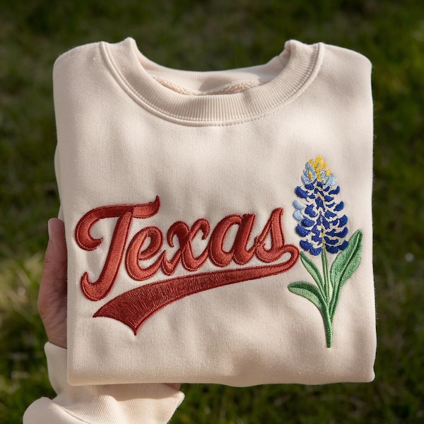 Texas Embroidered Sweatshirt, Texas Bluebonnet Sweatshirt, Texas Floral Sweatshirt, Vintage Texas Pride Shirt, Minimalist Floral Shirt