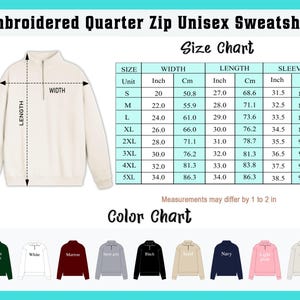 May include: Cream-colored embroidered quarter-zip unisex sweatshirt. The image includes a size chart with measurements in inches and centimeters, and a color chart featuring forest green, white, maroon, sport grey, black, sand, navy, light pink, and ash.