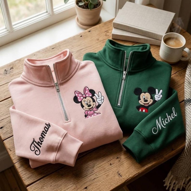 Pu&ograve; includere: Due felpe con zip a un quarto, una rosa e una verde, con personaggi dei cartoni animati ricamati. La felpa rosa presenta Minnie Mouse, e quella verde ha Topolino. Entrambe hanno nomi ricamati sulle maniche.