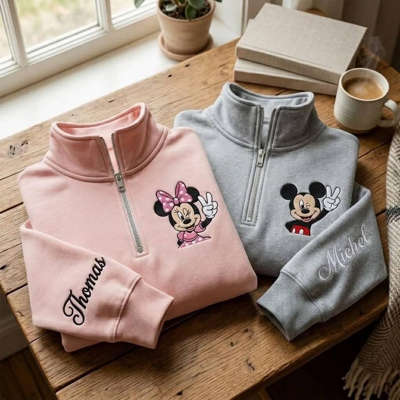 Pu&ograve; includere: Due felpe con zip a un quarto, una rosa e una grigia, con personaggi dei cartoni animati ricamati. La felpa rosa presenta Minnie Mouse, e quella grigia presenta Mickey Mouse. Entrambe hanno nomi ricamati sulle maniche.