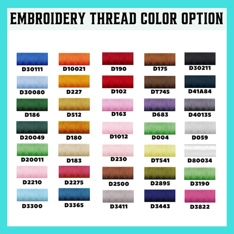 May include: Image displaying a color chart labeled "EMBROIDERY THREAD COLOR OPTION." The chart features an array of rectangular color swatches, each with a unique code. Colors range from blues and oranges to reds, browns, and greens, offering a wide selection for embroidery projects.