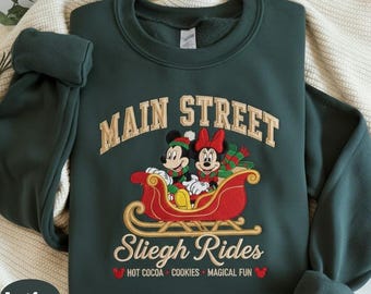 BESTICKTES Retro Mickey Minnie Main Street Schlittenfahrten Sweatshirt, Mickey Minnie Weihnachten Sweatshirt, Disney Paar Sweatshirt