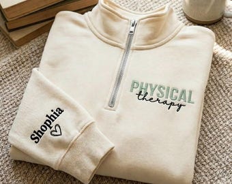 Felpa con zip a un quarto e ricamo a tema fisioterapia, felpa personalizzata per fisioterapisti, regalo per fisioterapisti, regalo per studenti di fisioterapia