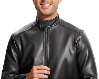 Men&#39;s Genuine Leather Jacket Lightweight Stand Collar Bomber Coat Zipper Closure Pockets for Winter Motorcycle Riding leather jacket for men