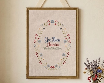 Embroidery Floral American Flag Wall Art Vintage Patriotic Wreath Print 4th of July Sign Cottagecore Decor Americana Decor Digital Download