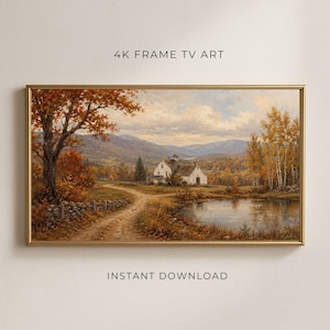 Pode incluir: Uma pintura de paisagem retangular numa moldura dourada apresentando uma quinta branca perto de um lago, um caminho de terra e árvores de outono com folhagem laranja e amarela sob um céu nublado. O texto 4K FRAME TV ART e INSTANT DOWNLOAD é visível.