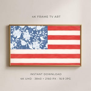 May include: A rectangular digital art display for a frame TV featuring a stylized American flag design. The canton area displays a blue background with white floral and bird illustrations, while the rest consists of horizontal red and white stripes.