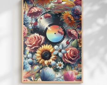 Vintage Record Botanical Floral Printable Wall Art, Trendy Art, Retro Music Poster, Vinyl Records (Digital Download)
