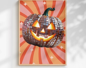 Stampa di zucca da discoteca per Halloween, stile retrò e funky, per la stanza del dormitorio (download digitale)