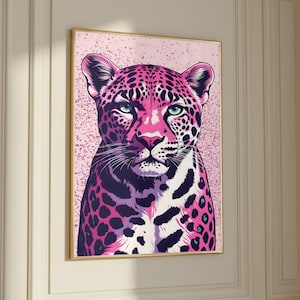 Surreal Pink Leopard Trendy Maximalist Animal Wall Art, Eclectic Modern Dorm Room Decor, Digital Download Retro Poster