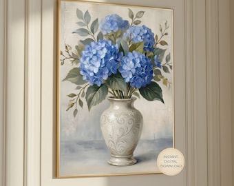 Blauwe hortensia bloemen muur kunst AFDRUKBAAR antiek olieverfschilderij Frans land boerderij decor oma geschenken botanische prints digitale download