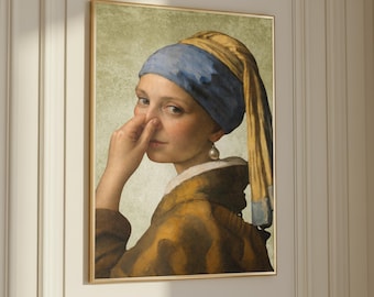 Funny Bathroom Wall Art Girl With a Pearl Earring Bathroom Print Vintage Powder Room Decor Humorous Above Toilet Wall Art Digital Download