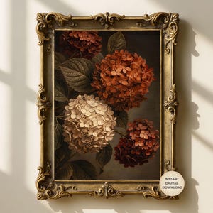 May include: A rectangular wall art print featuring a dark floral painting of hydrangea clusters in shades of rust, cream, and deep burgundy with green leaves, encased in an ornate, antique-style gold frame with intricate scrollwork detailing.