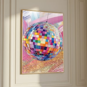 Cuadro retro con bola de discoteca arcoíris, decoración rosa para dormitorio universitario, arte mural estilo preppy (descarga digital)