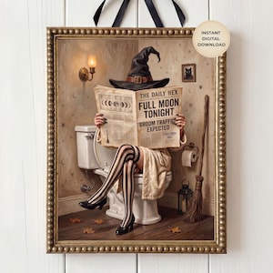 May include: A framed wall art print depicting a witch wearing a black pointed hat and striped stockings, sitting on a toilet while reading a newspaper titled The Daily Hex with the headline Full Moon Tonight, Broom Traffic Expected.