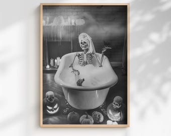 Funny Halloween Bathroom PRINTABLE Skeleton Bathroom Humor Gothic Wall Decor Black White Poster Quirky Witchy Home Decor Digital Download