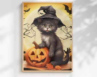 Whimsical Kids Halloween Black Cat Poster Print: Spooky Fall Autumn Home Decor Retro Pumpkin Poster Illustration (Digital Download)