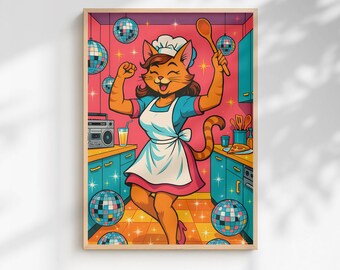 Lustige Küche Wand Kunst, Einzigartige Bunte Tanzende Katze Art Print, Schrullig Tier Wohnkultur, Funky Retro Poster Geschenke Digitaler Download