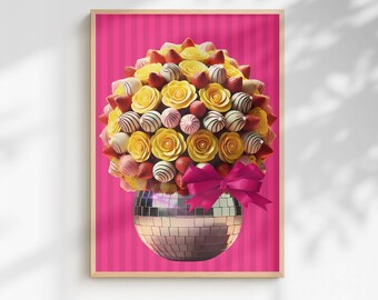 Pink Kitchen Maximalist Wall Art, PRINTABLE Chocolate Flowers Disco Ball Art, Colorful Funky Wall Decor,Dopamine Decor Digital Download