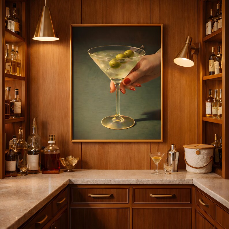 Dirty Martini Muurdecoratie Vintage Extra Dirty Gin Martini Olijfcocktail Kunstprint Barwagen Retro Cocktailposter Cadeau Digitale Download afbeelding 6