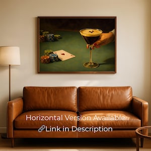 Horizontal version available preview of the espresso martini and poker wall art, showing the landscape orientation above a cognac leather sofa to promote the matching digital download in the description link.