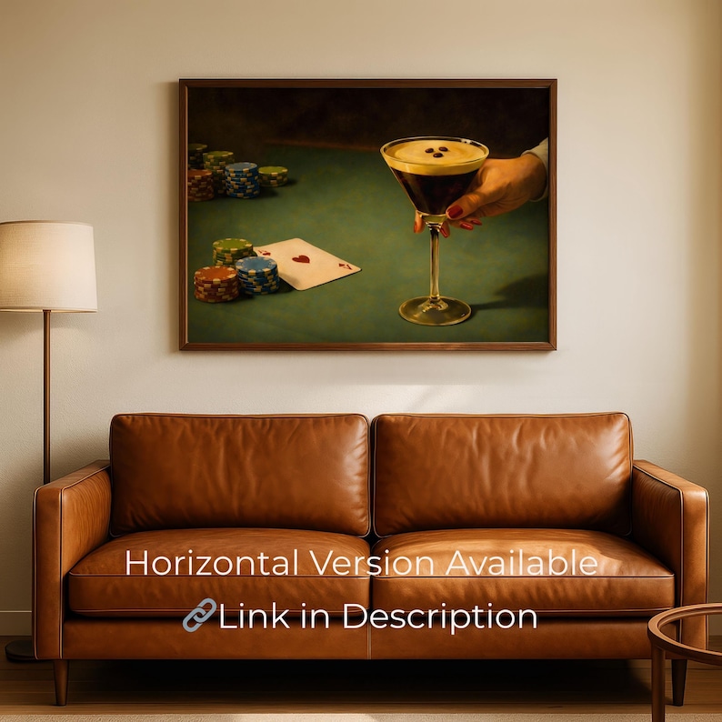 Horizontal version available preview of the espresso martini and poker wall art, showing the landscape orientation above a cognac leather sofa to promote the matching digital download in the description link.