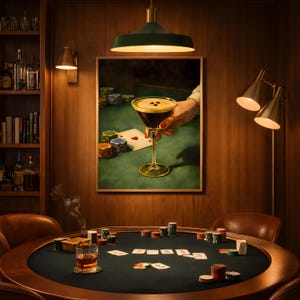 Vertical espresso martini art styled in a professional poker room above a gambling table, featuring the vintage martini print as a moody man cave decor and poker wall art focal point for a luxury home bar.