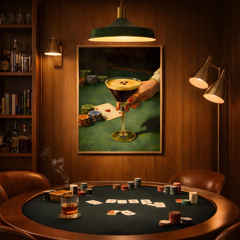 Vertical espresso martini art styled in a professional poker room above a gambling table, featuring the vintage martini print as a moody man cave decor and poker wall art focal point for a luxury home bar.